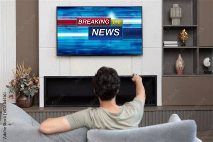 Man watching tv news program and sitting on couch home. Television remote control in hand. Politics, business or finance network channel. Online live broadcast in monitor screen. Morning newscast.